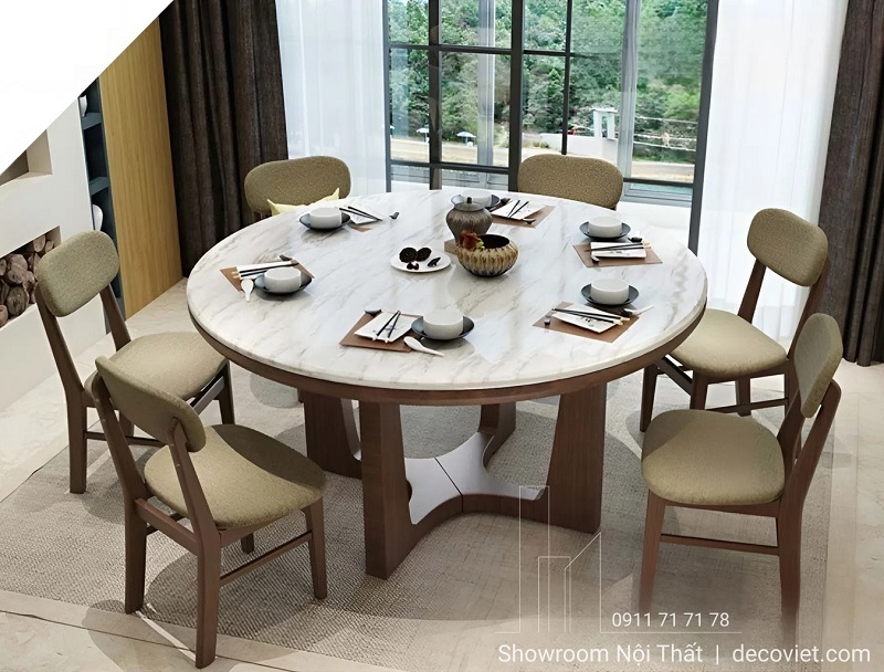 Bàn ăn tròn gỗ 6 ghế 2912S mặt đá cao cấp cho phòng bếp hiện đại