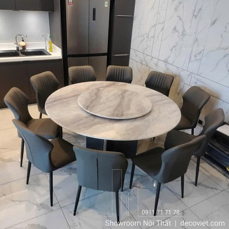 bàn ăn 10 ghế mặt đá tròn xoay