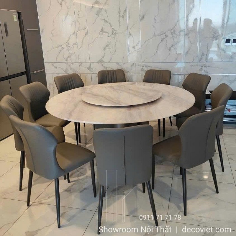 bàn ăn tròn mặt đá chân inox 10 ghế