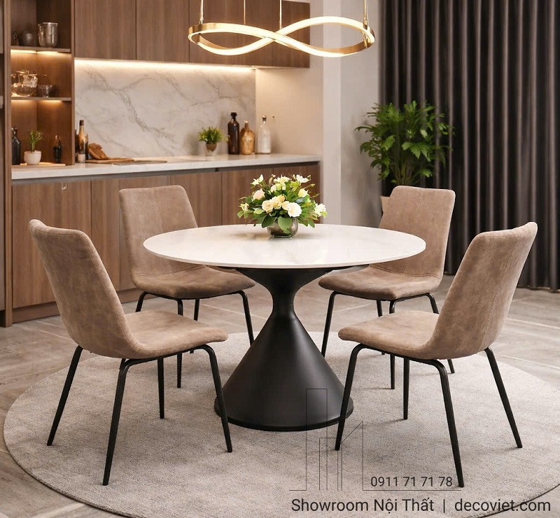 bộ bàn ăn tròn 4 ghế mặt đá nhỏ gọn cho căn hộ
