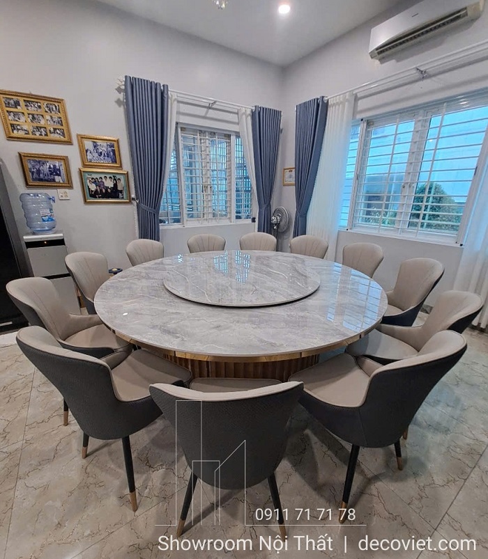 Bộ bàn ăn tròn xoay mặt đá vân mây sang trọng thiết kế hiện đại