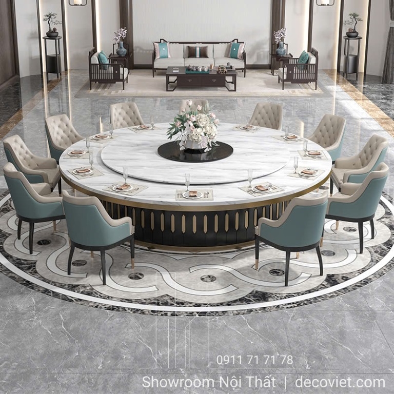 bàn ăn tròn xoay mặt đá 18 ghế