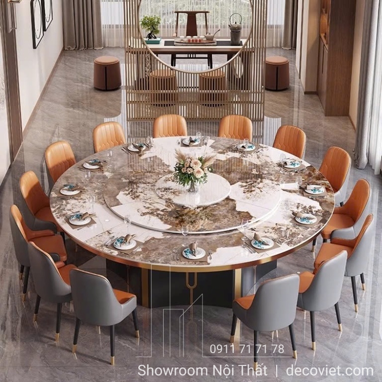 bàn ăn xoay tròn 16 ghế mặt đá