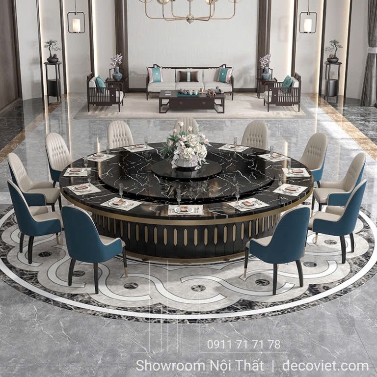 bàn ăn tròn xoay mặt đá 14 ghế