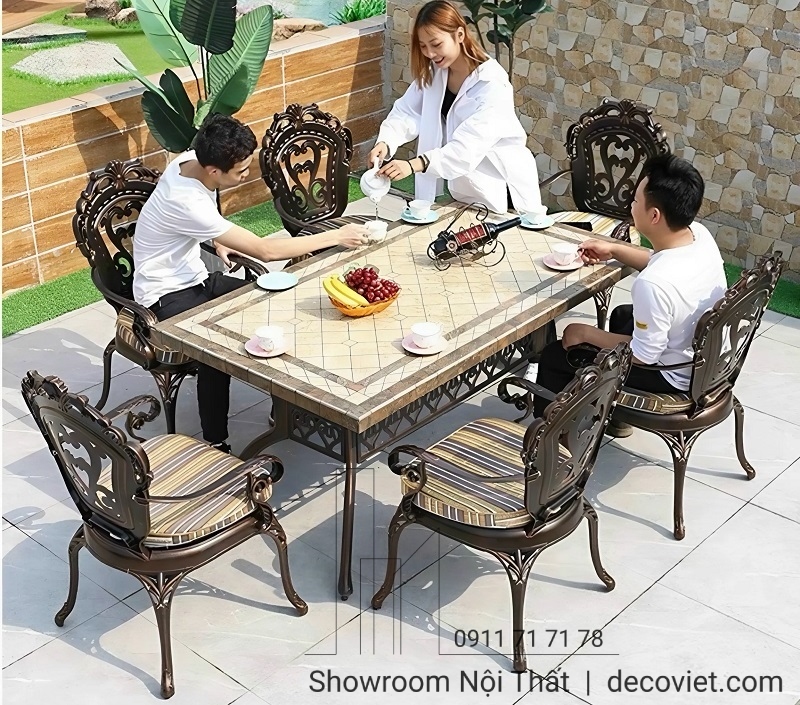 bàn ăn chữ nhật 6 người sân vườn ngoài trời