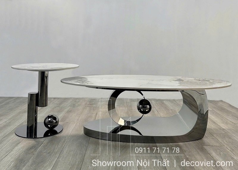 Bàn sofa mặt đá ceramic trắng phối inox hiện đại