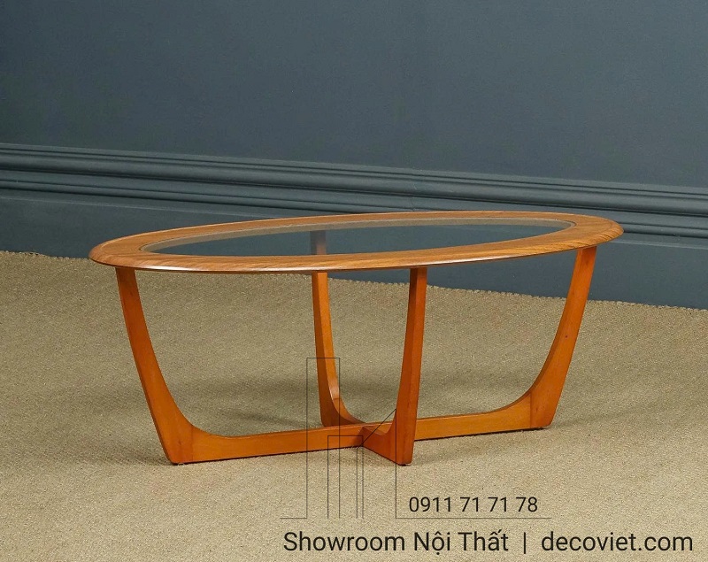 Bàn trà mặt kính chân gỗ kiểu oval