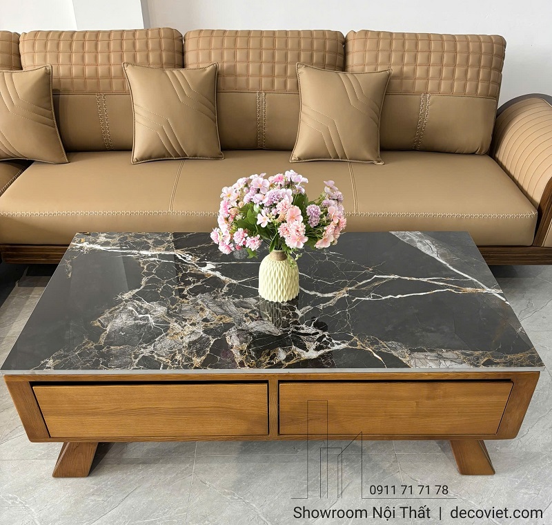 Bàn trà gỗ mặt đá đen vân mây sang trọng phối sofa gỗ