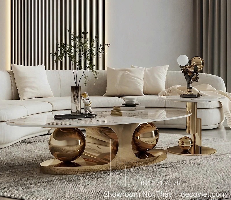 Bàn trà phòng khách mặt đá oval cao cấp hiện đại