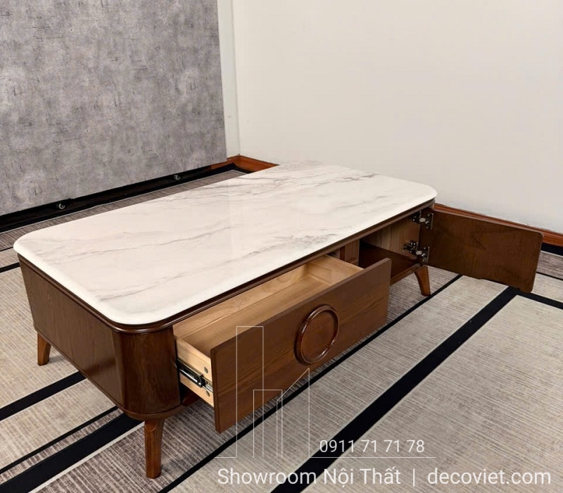 Mẫu bàn sofa gỗ mặt đá có ngăn kéo tiện lợi, phù hợp căn hộ cao cấp