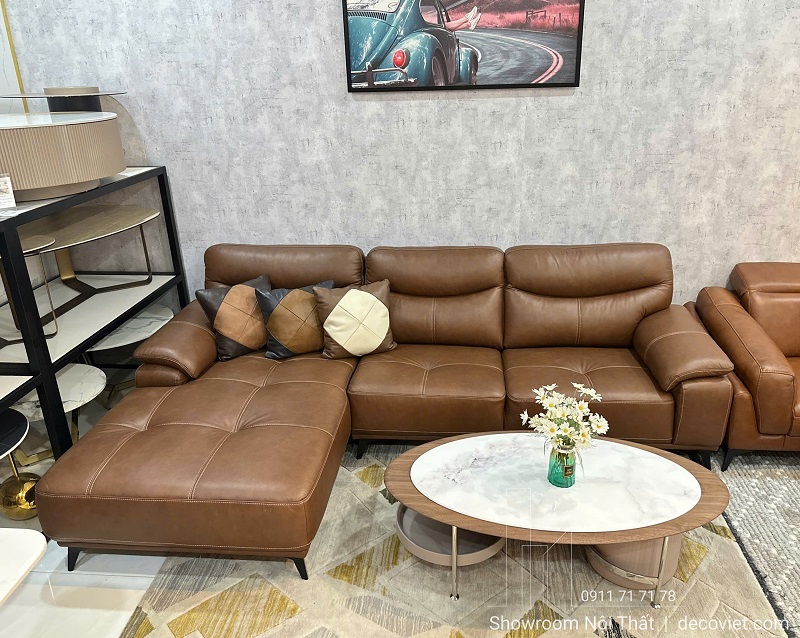 bàn trà đẹp mặt đá trắng 419S kiểu oval phối sofa da phòng khách