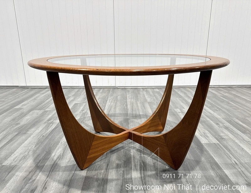 Bàn sofa tròn đẹp mặt kính chân gỗ uốn đẹp