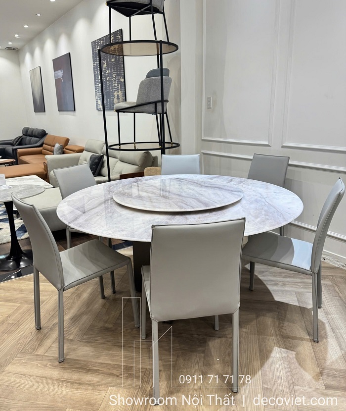 Bộ bàn ăn tròn 6 ghế mặt đá có mâm xoay cao cấp