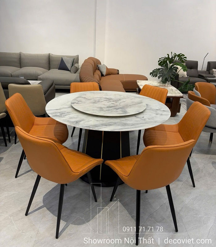 Bàn ăn tròn 1.3m mặt đá cẩm thạch 6 ghế bọc da cao cấp