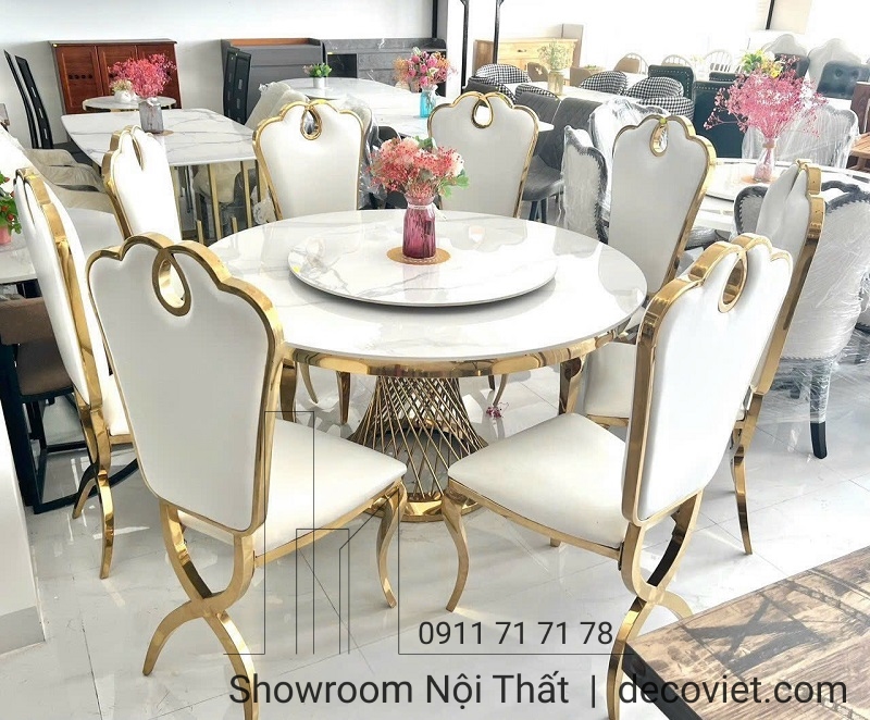 bàn ăn tròn 8 ghế tân cổ điển mặt đá