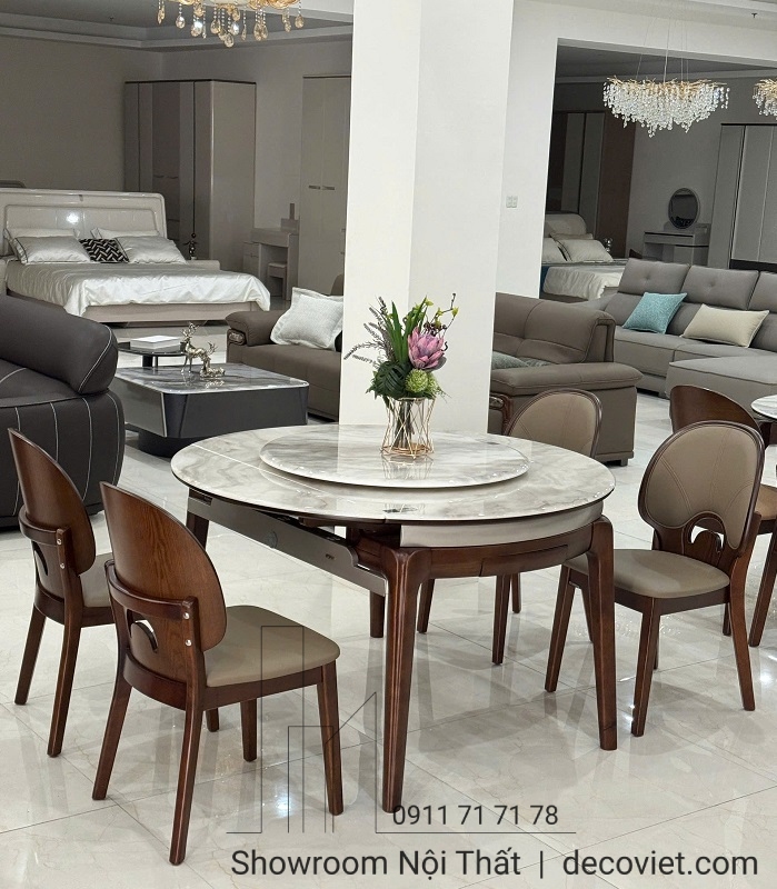 Bộ bàn ăn tròn gấp gọn thông minh mặt đá sang trọng