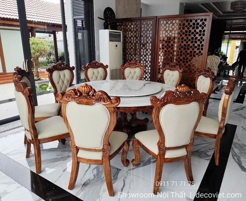 Bộ bàn tròn gỗ mun 10 ghế chạm khắc tinh xảo, ghế ăn gỗ da bò thật
