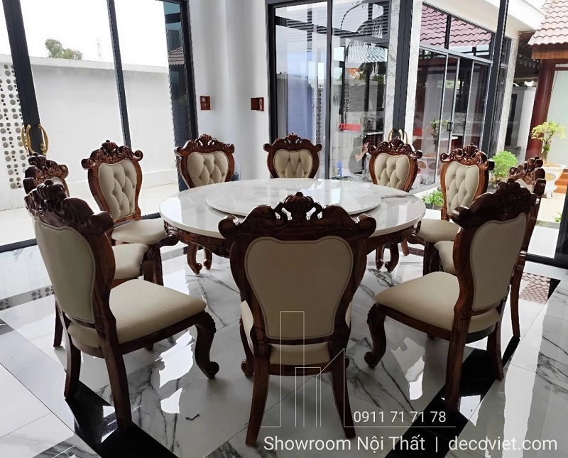 Bộ bàn ăn gỗ mun tròn 10 ghế phong cách tân cổ điển hoàng gia
