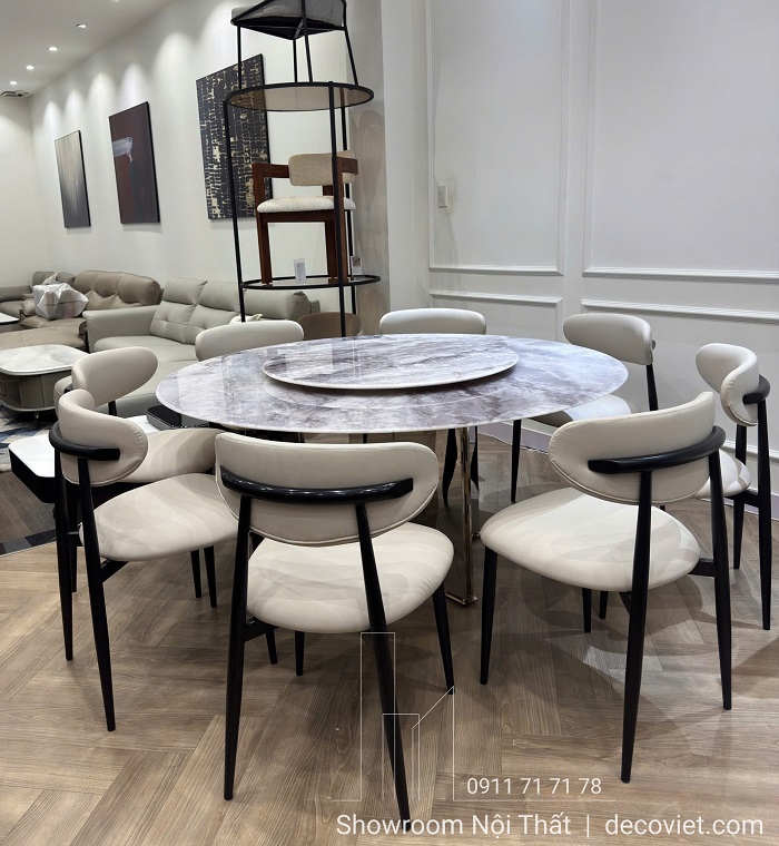 Bàn tròn mặt đá 1m6 cho 8 ghế phòng ăn hiện đại