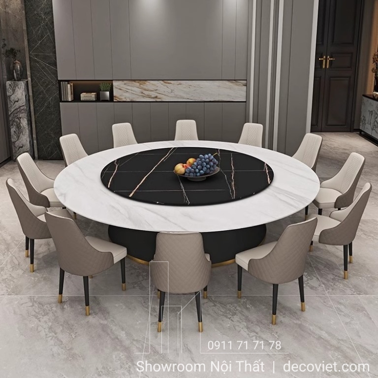 bàn ăn tròn xoay mặt đá 12 ghế