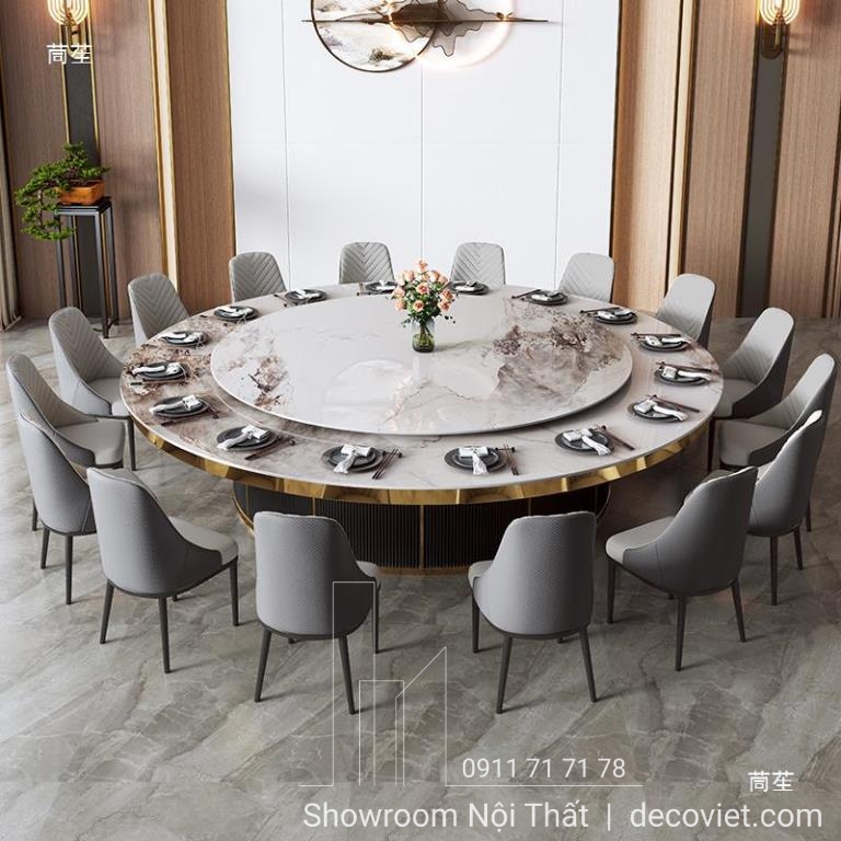 bàn ăn tròn xoay mặt đá 20 ghế sang trọng đẳng cấp