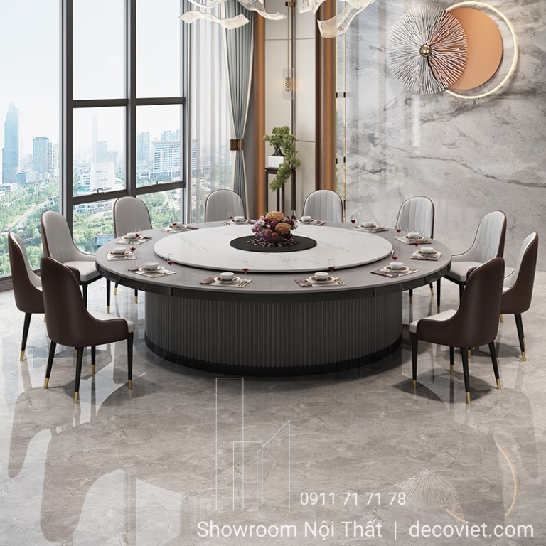 bàn ăn tròn xoay mặt đá 12 ghế