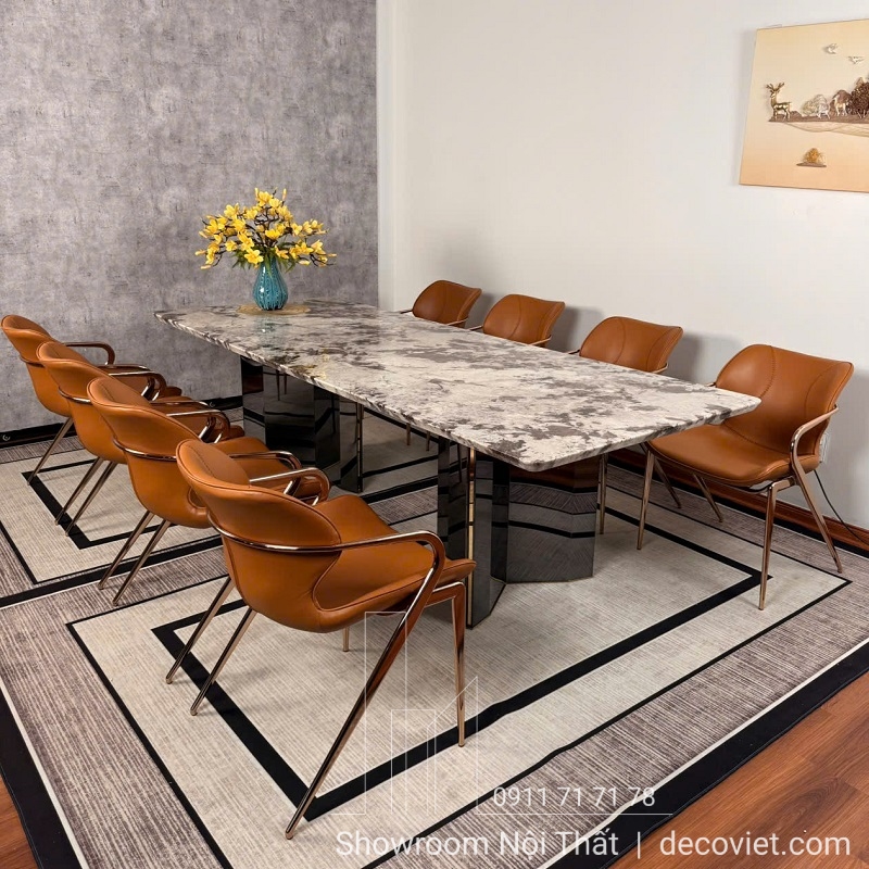 Mẫu bàn ăn nhập khẩu 2m4 với 8 ghế cao cấp, mặt đá vân tự nhiên và chân inox mạ sáng – phù hợp nhà phố, căn hộ cao cấp
