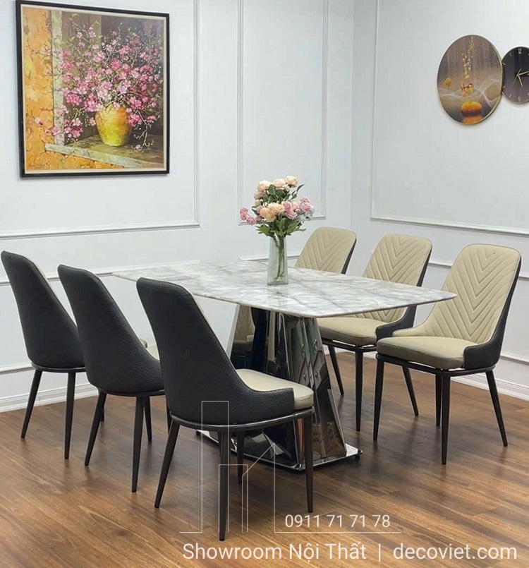 bộ bàn ăn chân inox mặt đá 6 ghế