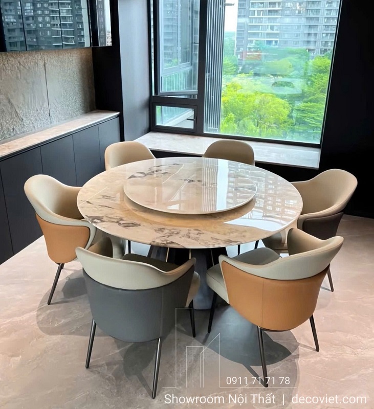 Bàn ăn tròn 6 ghế mặt đá cao cấp có mâm xoay sang trọng tại DecoViet
