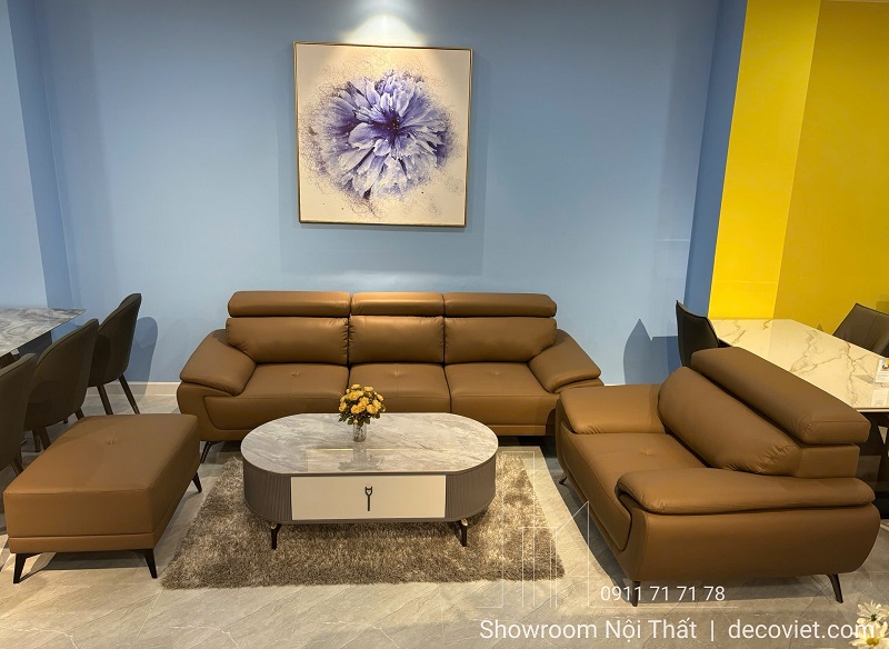 Bộ sofa da phòng khách thiết kế hiện đại, tựa lưng cao, đệm êm ái, màu nâu cà phê sang trọng