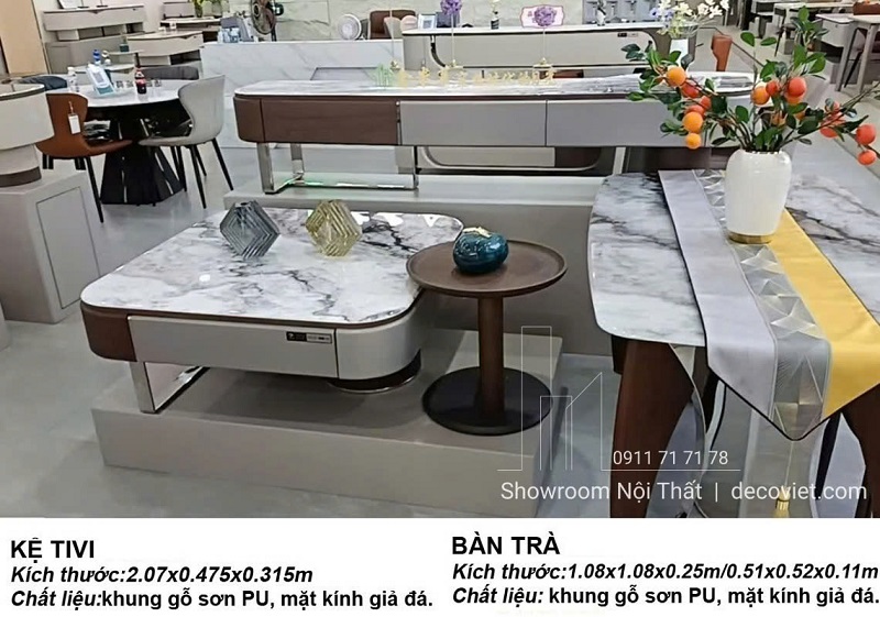 Combo Kệ Tivi Bàn Trà Cao Cấp 101T mặt kính giả đá sang trọng, kệ dài 2m tiện nghi, bàn trà đôi hiện đại đồng bộ phòng khách