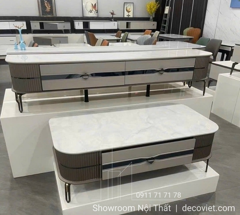set bàn trà - kệ tivi mặt đá hiện đại