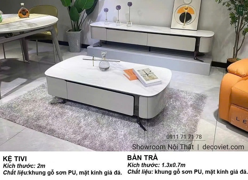 Bộ bàn trà kệ tivi hiện đại mặt kính giả đá, khung gỗ sơn đồng bộ cho phòng khách sang trọng