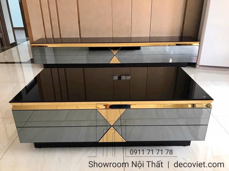 set bàn trà kệ tivi mặt kính