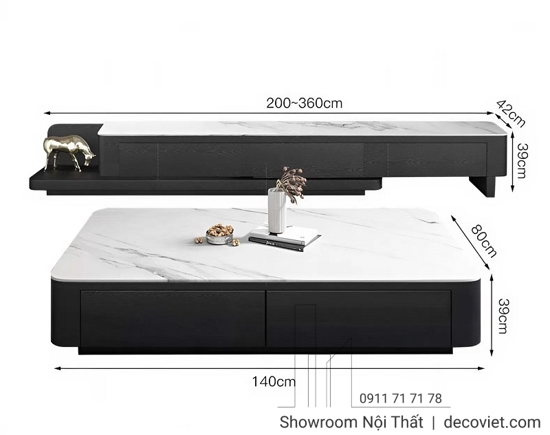 Kệ tivi mặt đá cao cấp kết hợp bàn sofa mặt đá cùng tone màu