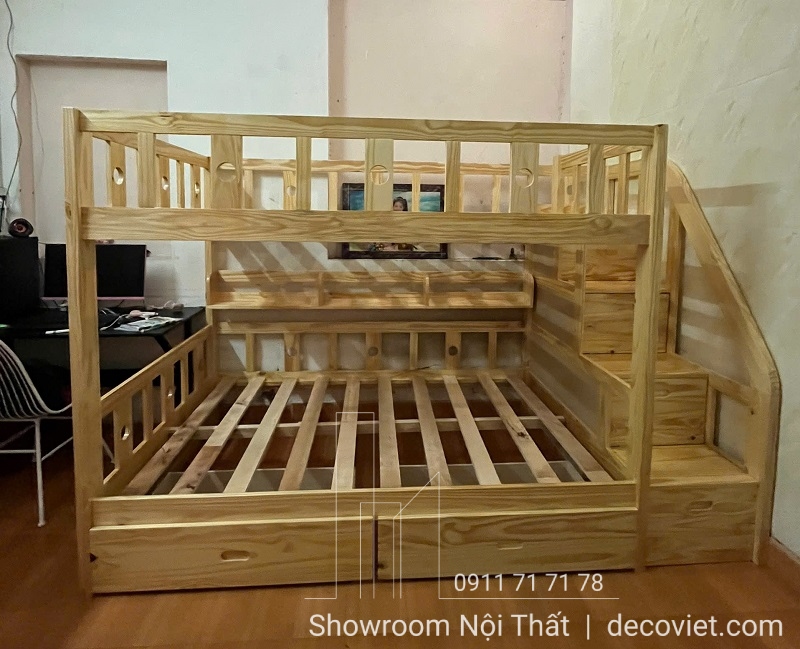 Mẫu giường tầng gỗ giá rẻ 437T với cầu thang tích hợp hộc tủ – giải pháp thông minh cho phòng nhỏ