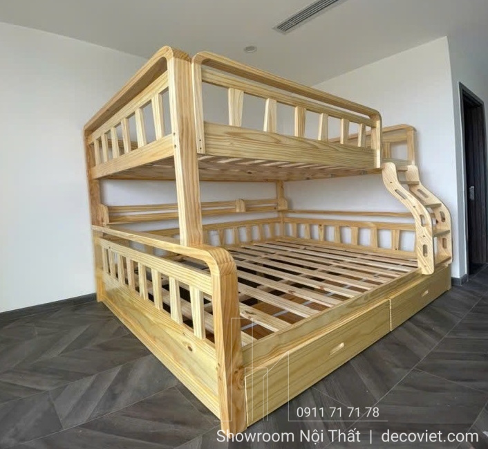 Thiết kế giường tầng người lớn 1m8 có tay vịn và cầu thang an toàn, tiện lợi.