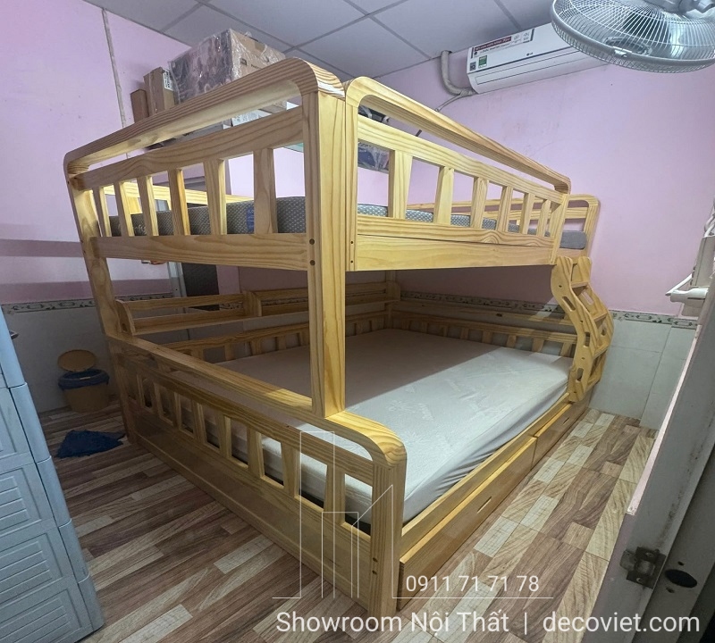 Giường tầng 1m8 cho người lớn thiết kế thông minh, có cầu thang dễ leo lên xuống.