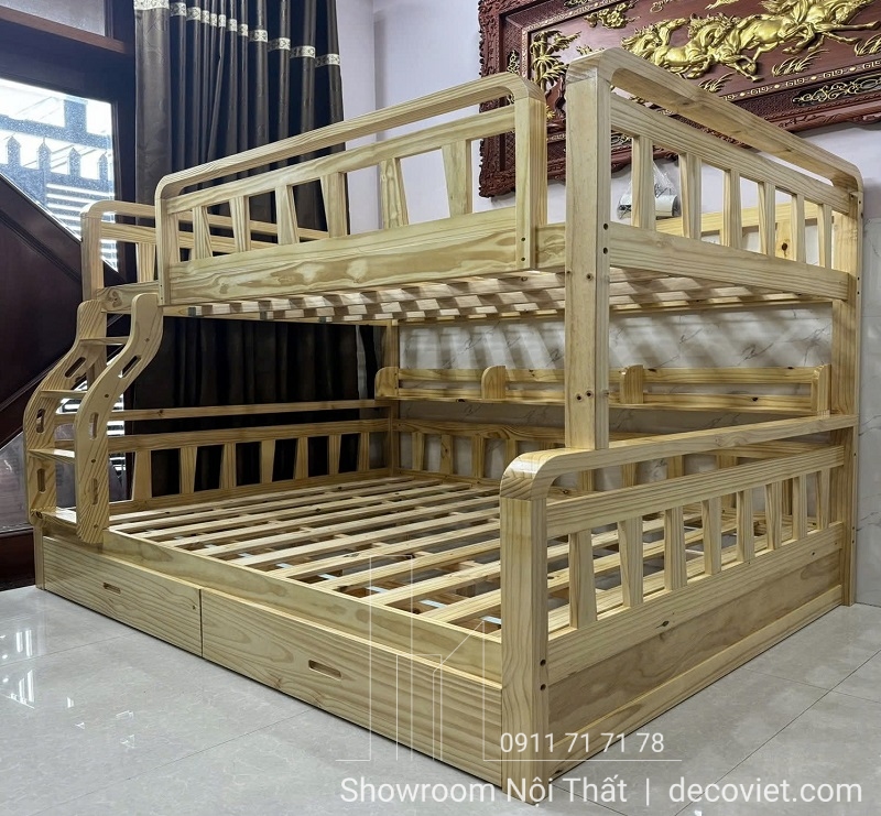Giường tầng gỗ 1m8 sử dụng gỗ thông tự nhiên, an toàn cho sức khỏe người dùng.
