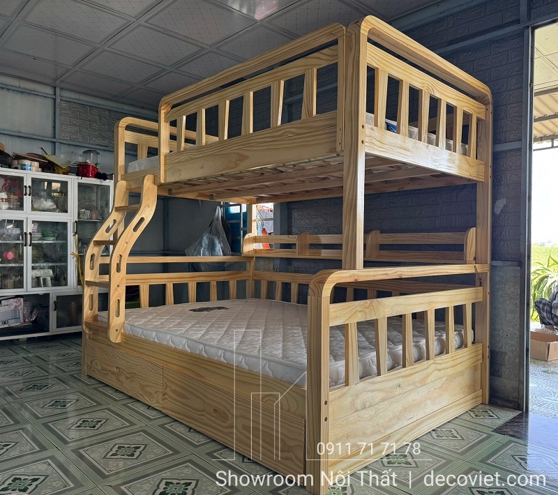 Giường tầng người lớn 1m8 làm từ gỗ thông chắc bền, không cong vênh, mối mọt.