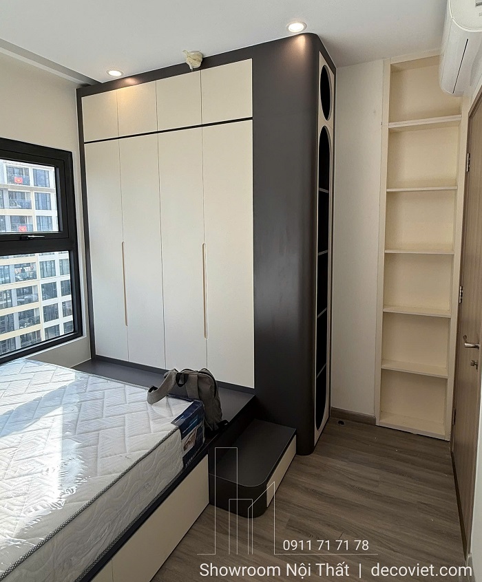 Thiết kế nội thất phòng ngủ nhỏ cho căn hộ 2PN phong cách hiện đại, màu trung tính nhẹ nhàng