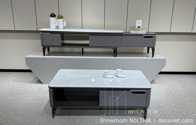 combo bàn trà kệ tivi mặt đá hiện đại