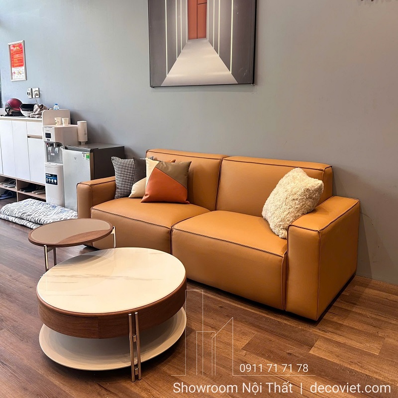 Sofa băng bọc da cao cấp màu nâu bò sang trọng tại DecoViet