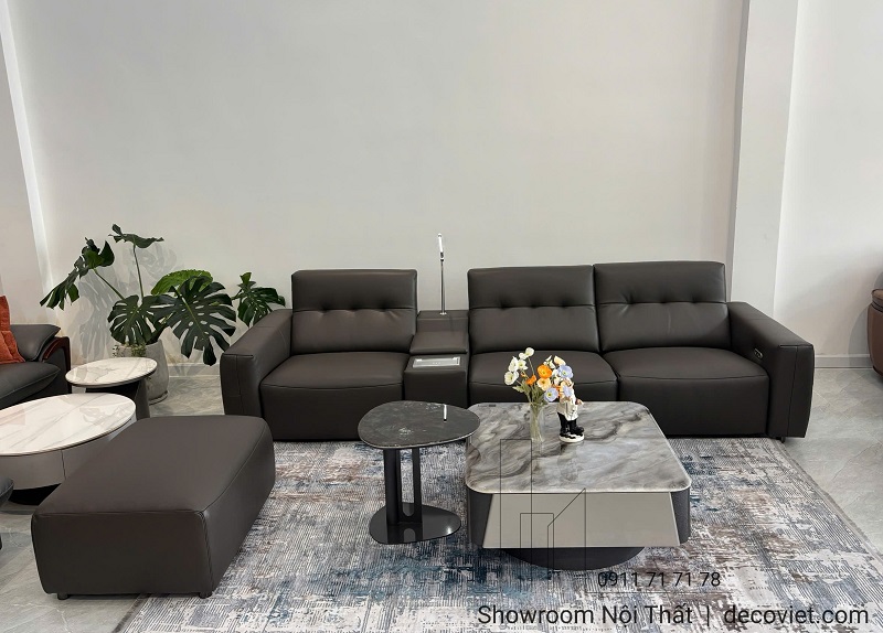 Bàn sofa mặt đá vân mây kết hợp sofa chỉnh điện màu ghi xám thời thượng