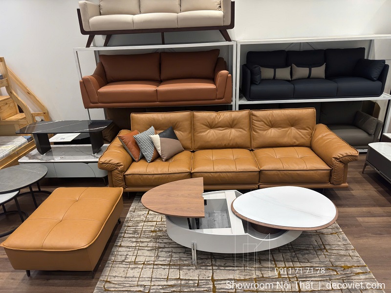 Ghế sofa da nâu bò 1093T sang trọng cho không gian phòng khách hiện đại