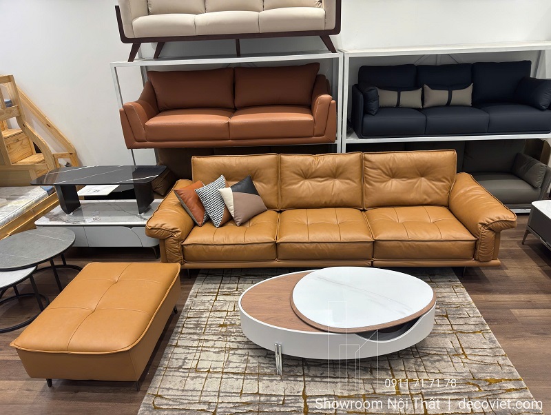 Ghế sofa phòng khách sang trọng 1093T da cao cấp màu nâu bò hiện đại
