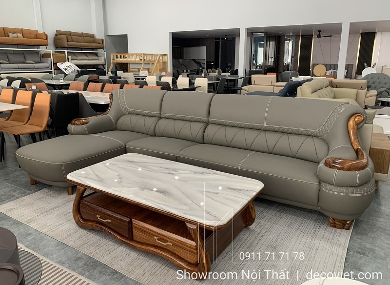 Sofa gỗ bọc da nhập khẩu chữ L cao cấp tại showroom DecoViet