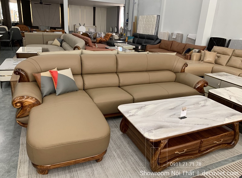 Sofa gỗ mun bọc da microfiber êm ái kết hợp bàn trà mặt đá sang trọng