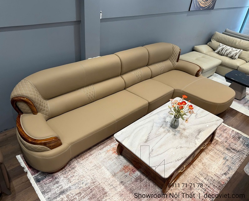 Sofa gỗ tự nhiên mun da bò cao cấp kèm bàn trà mặt đá đồng bộ