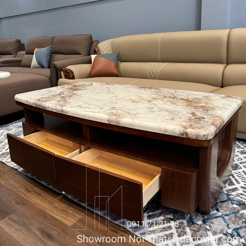 Mẫu bàn trà gỗ tự nhiên kết hợp mặt đá sáng bóng tinh tế, dễ vệ sinh